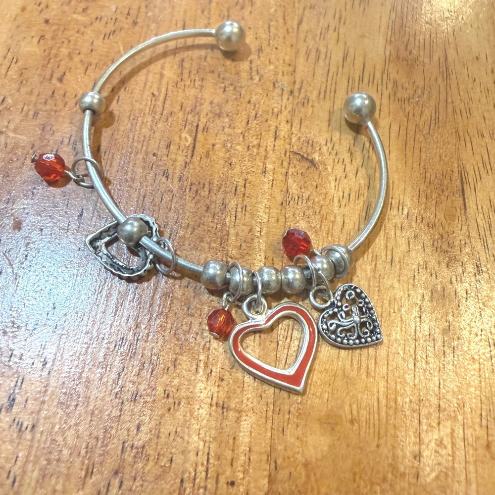 Silver Tone Heart Charm Cuff Bangle Bracelet Red Enamel Filigree Beads Love